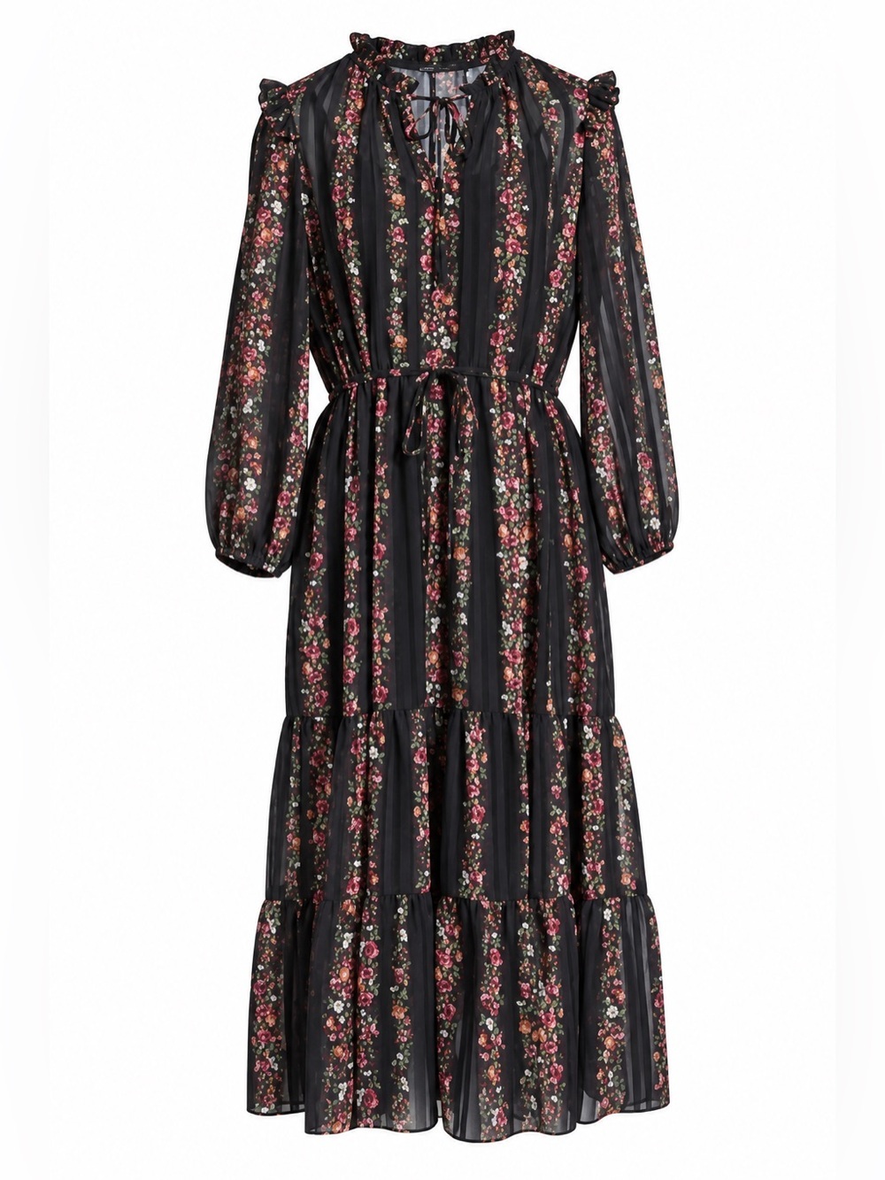 Julia Jordan Black Striped Floral Blouson Billow Long Sleeve Chiffon Dress NWT 8